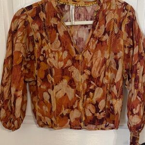 Anthropologie Rust and Burgundy Floral V-Neck Blouse